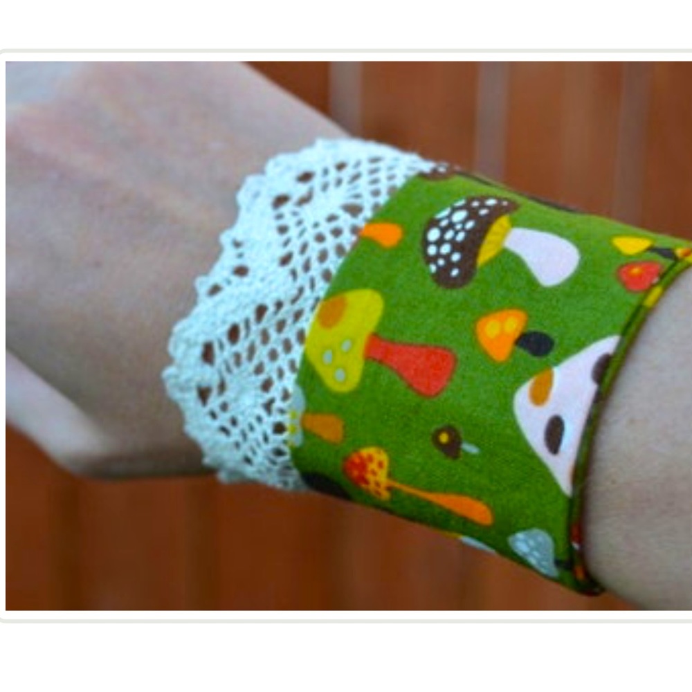 Handmade mushrooms print & lace cotton fabric cuff bracelet Fall Autumn Bohemian